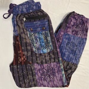 🌙 Boho Patchwork Tie-Dye Jogger Pants – Small- Celestial Festival Hippie Artsy